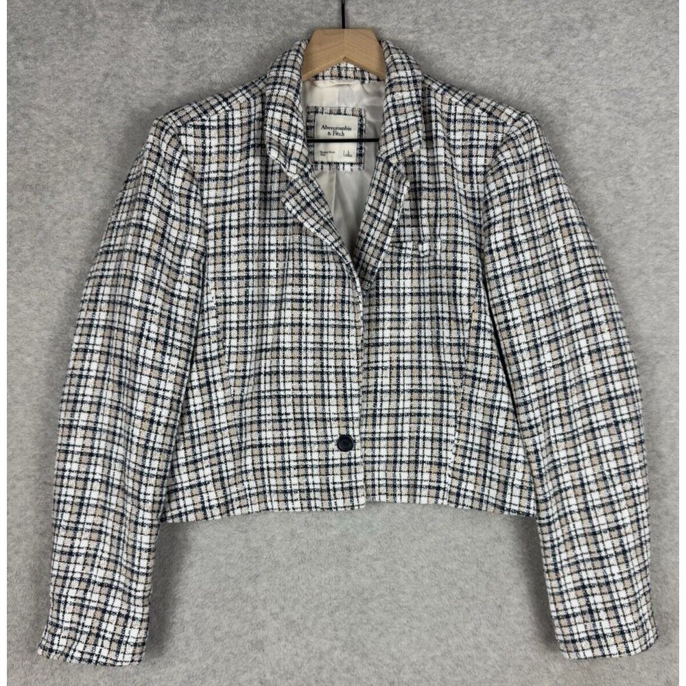 Abercrombie & Fitch White Plaid Tweed Cropped Blazer